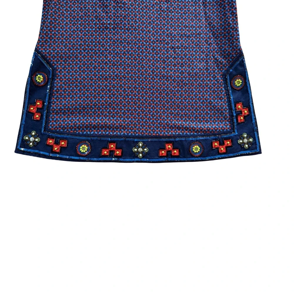 Tory Burch Blue Red Geometric Beaded Sequin Tunic Top Women's 2